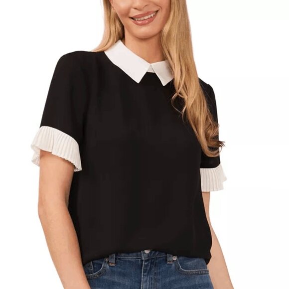 CeCe, Short Sleeve Color Blocked Collared Crepe Blouse, Size L - Picture 1 of 3